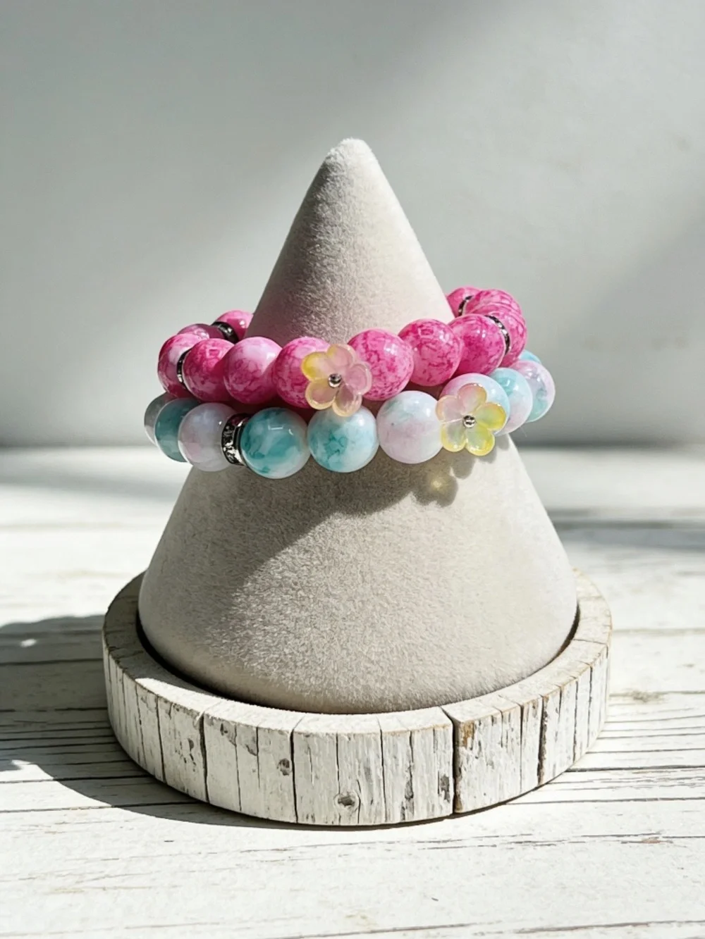 Pink & Turquoise Beaded Stretch Bracelet Set with Flower Charms | Stackable